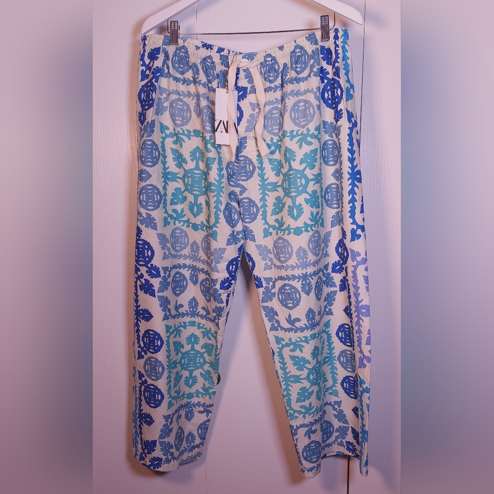 Zara NWT Printed Poplin Cotton Pants Size XXL Wide Leg Trousers Colorful Boho - Picture 2 of 11